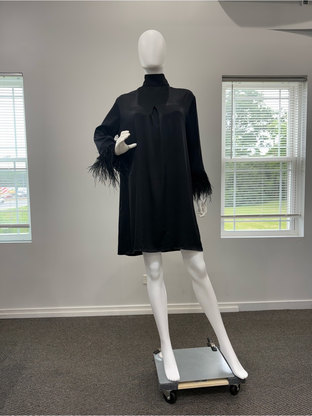 Sleeper Black Mini Dress with Feathery Cuffs - Picture 2 of 11